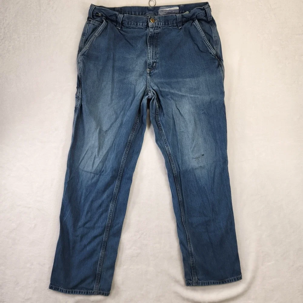 Carhartt FR Jeans‎ Mens 38x32 Blue Denim Relaxed Fit Workwear Grunge Distressed